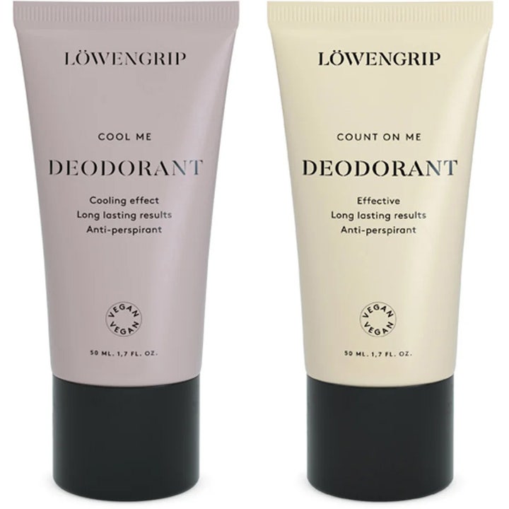 Löwengrip Cool Me och Count On Me 50 ml vegansk antiperspirant i lila och beige tuber med svarta lock