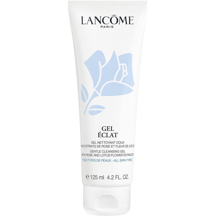 Lancôme Gel Éclat 125 ml ansiktsrengöring gel för daglig användning med rosenextrakt i vit tub med ljusblå ros