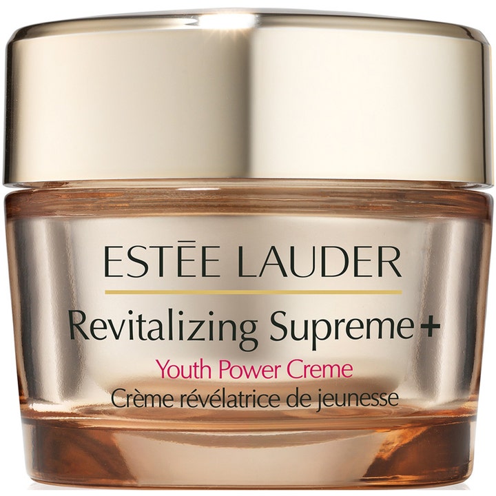 Estée Lauder Revitalizing Supreme+ Youth Power Creme uppstramande ansiktskräm i elegant guldtonad glasburk med guldlock.