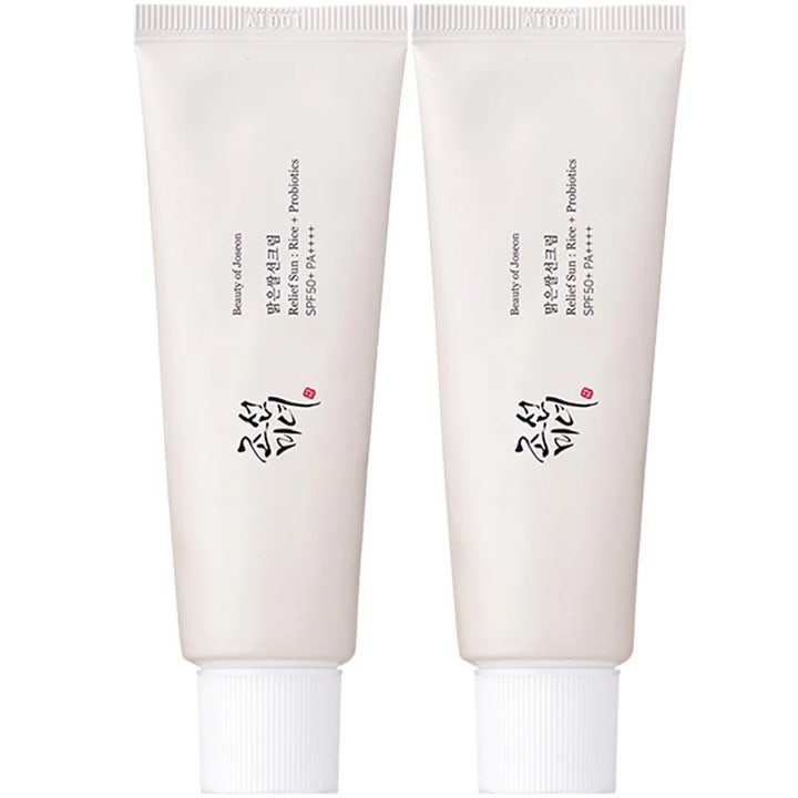 Beauty of Joseon Relief Sun Rice Probiotics 2x50ml koreansk solkräm risextrakt i två vita minimalistiska tuber