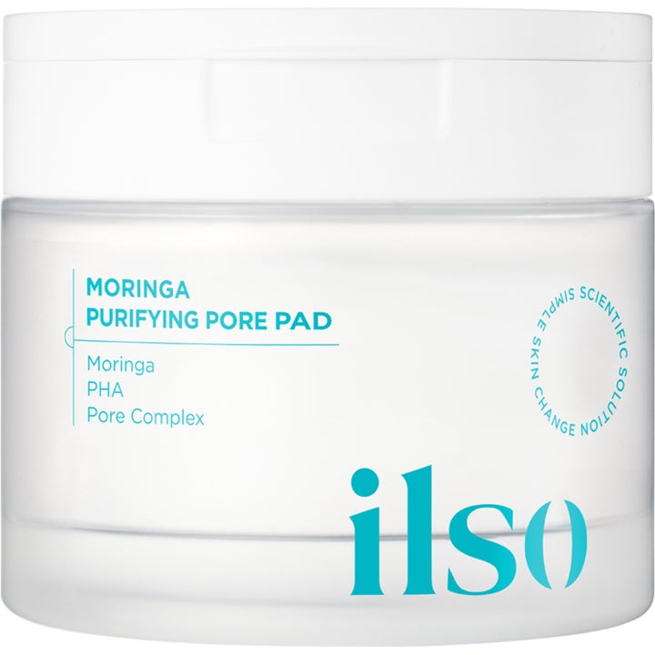 ilso Moringa Purifying Pore Pad porpads med PHA som ger renare hy i en vit frostad plastburk med vitt lock