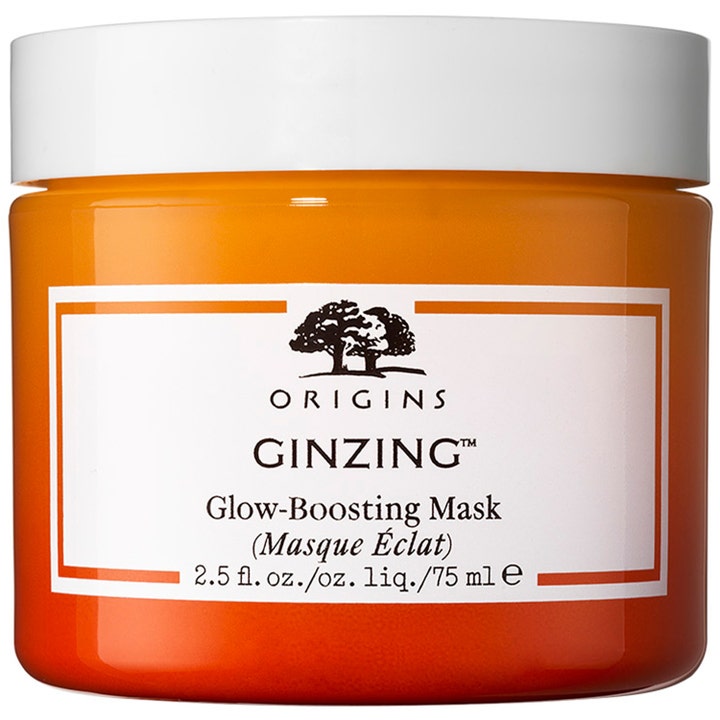 Origins GinZing Glow-Boosting Mask 75 ml ginseng mask ger ansiktslyster i en orange plastburk med vitt lock