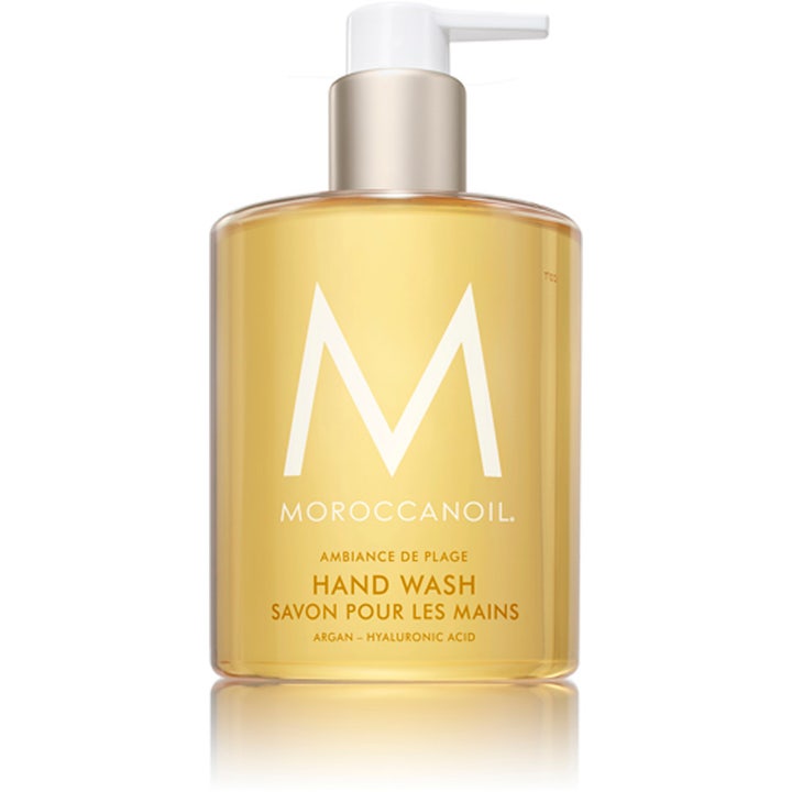 Moroccanoil Ambiance de Plage Hand Wash lyxig handtvål med argan och hyaluronsyra i flaska med vit pump.