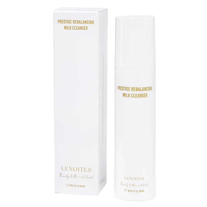 Lenoites Prestige Rebalancing Milk Cleanser 200 ml balanserade rengöringsmjölk i vit flaska med guldtext och ytterbox