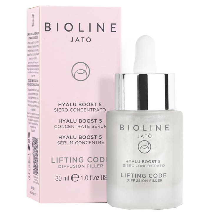 Bioline Jatò Lifting Code Hyalu Boost 5 30 ml hyaluronsyra serum fuktboost i frostat glasflaska och rosa förpackning