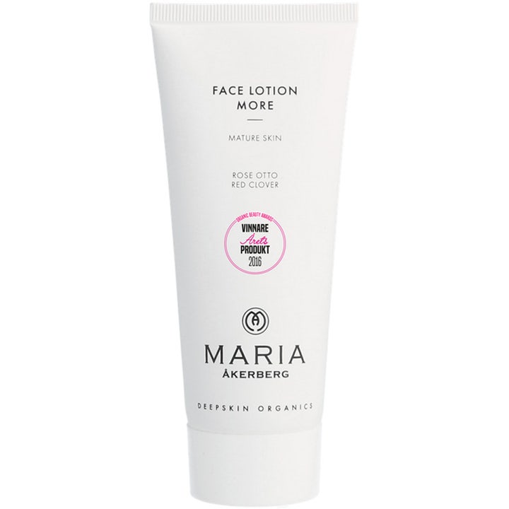 Maria Åkerberg Face Lotion More 100 ml utslätande ansiktskräm för mogen hy i en vit plasttub med rosa emblem