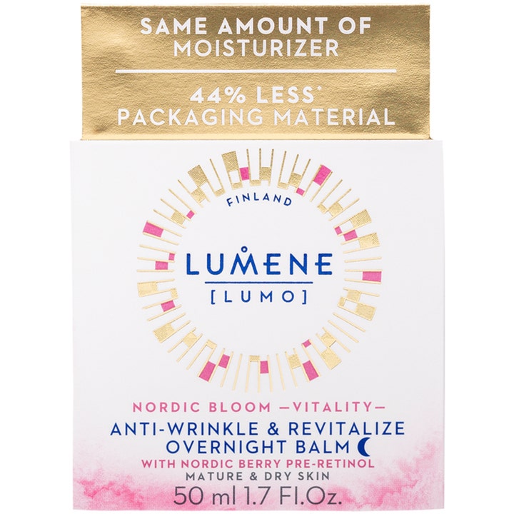 Lumene Nordic Bloom Vitality Overnight Balm 50 ml nattkräm mot rynkor i vit pappersbox med en guldflik högst upp.
