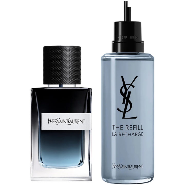Yves Saint Laurent Y EDP Refill Pack 60 ml + 150 ml herrparfym i blåtonad glasflaska och ljusblå refillflaska