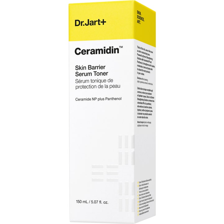 Dr.Jart+ Ceramidin Skin Barrier Serum Toner 150 ml med panthenol i vit och gul ytterförpackning