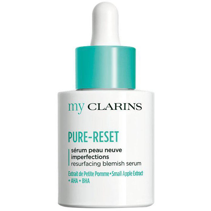 My Clarins Pure-Reset Resurfacing Blemish Serum 30 ml aha bha serum pormaskar i vit flaska med turkos krage.