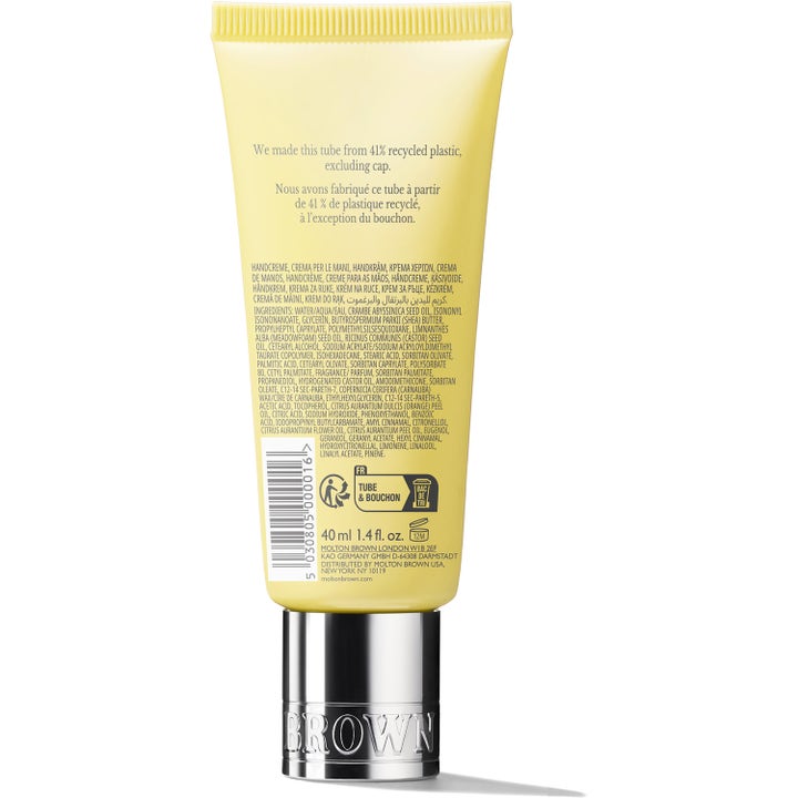 Molton Brown Orange & Bergamot Hand Cream 40 ml återfuktande citrus handkräm i gul tub sedd från baksidan.