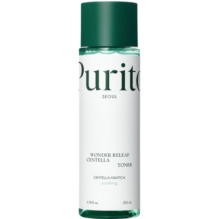 Purito Wonder Releaf Centella Toner 200 ml lugnande centella extrakt hudvård i klar flaska med grönt lock