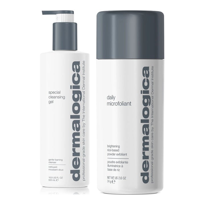 Dermalogica Special Cleansing Gel 500ml och Daily Microfoliant 75g ansiktsrengöring duo set i vita flaskor med pump