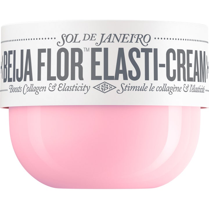 Sol de Janeiro Beija Flor Elasti-Cream bodykräm som ger spänst i en ljusrosa burk med vitt lock.