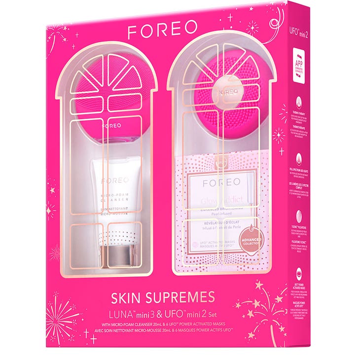 FOREO LUNA Mini 3 &amp; UFO Mini 2 Set fuchsia presentset ansiktsrengöring i rosa box för lyxig LED-behandling hemma