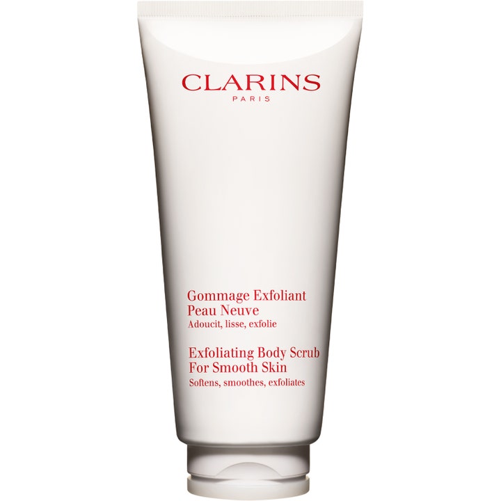 Clarins Exfoliating Body Scrub For Smooth Skin exfolierande kroppsskrubb ger mjukare hud i vit plasttub med röd text
