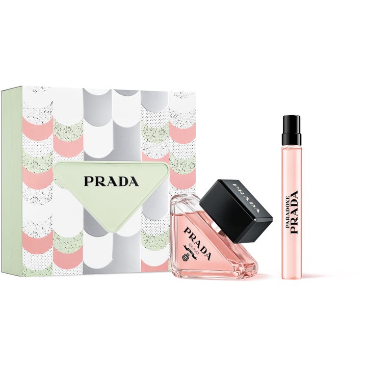 Prada Paradoxe Gift Set 30ml och 10ml prada paradoxe presentset med rosa vätska i trekantig flaska och mönstrad ask