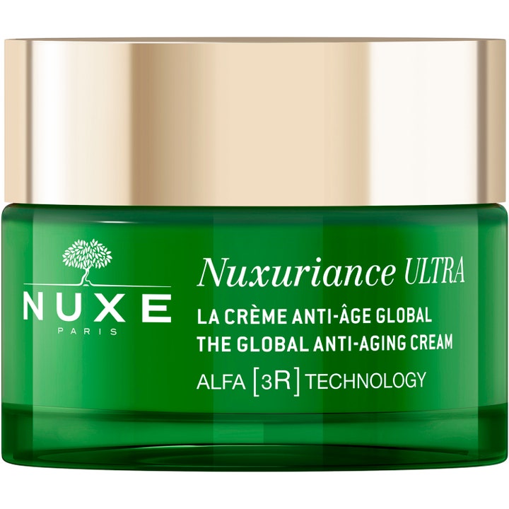 Nuxe Nuxuriance Ultra Global Anti-Aging Cream föryngrande antiaging kräm för djupa rynkor i grön glasburk med guldlock.