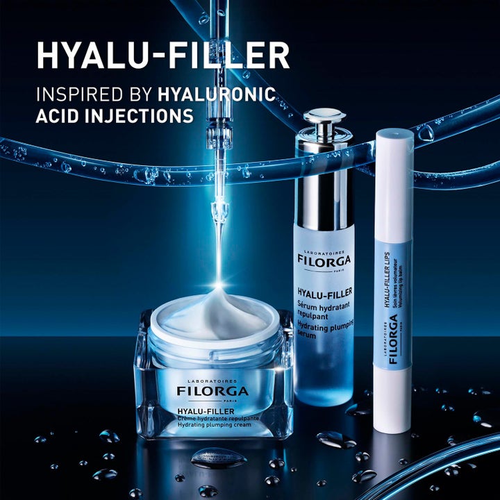 Filorga Hyalu-Filler Cream 50 ml återfuktande ansiktskräm i glasburk bildar en trio med serum och läppbalsam.