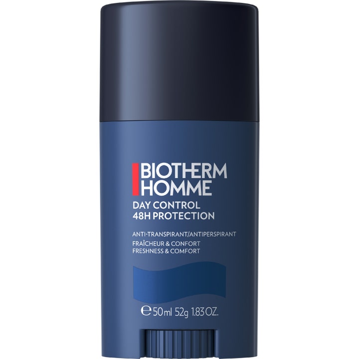 Biotherm Homme Day Control 48H Protection 50ml deostick ger effektivt skydd i en mörkblå hylsa med svart lock.