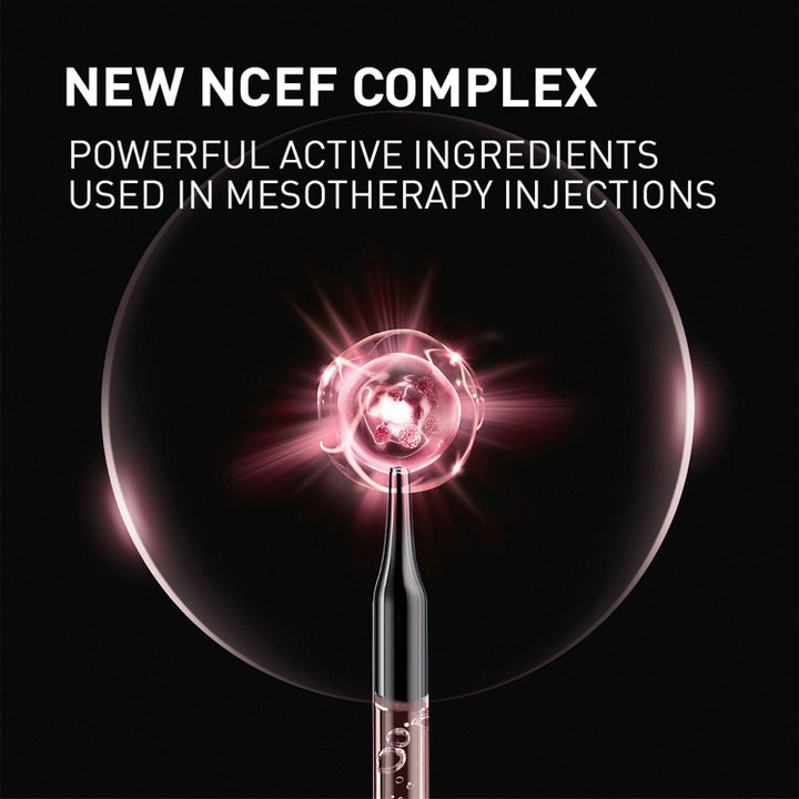 Filorga NCEF-Revitalize Eyes 15 ml ögonkräm visar New NCEF Complex och en lysande rosa cell med mesoterapi-ingredienser.