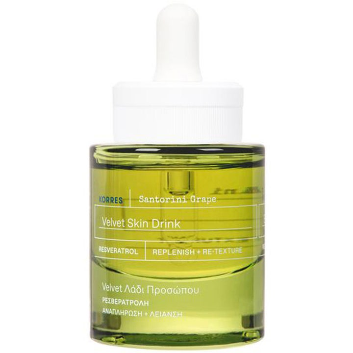 Korres Santorini Grape Velvet Skin Drink 30 ml resveratrol ansiktsolja för återfuktning i grön glasflaska med vit pipett