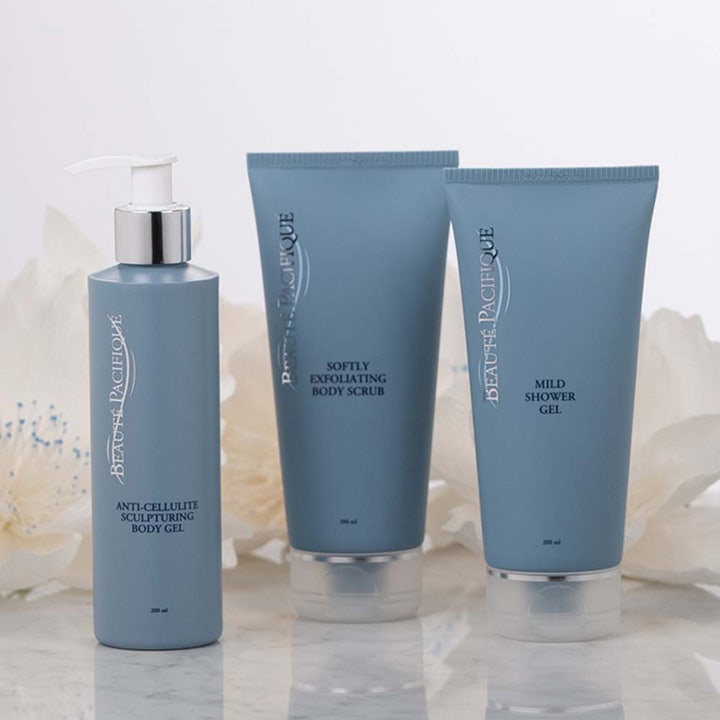 Beauté Pacifique Anti-Cellulite Body Gel 200 ml kroppsgel mot celluliter i blå pumpflaska och matchande tuber.