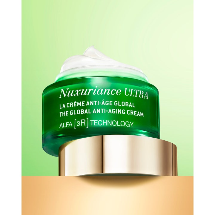 Nuxe Nuxuriance Ultra 50 ml antiaging kräm för djupa rynkor i grön glasburk med synlig vit krämig textur.