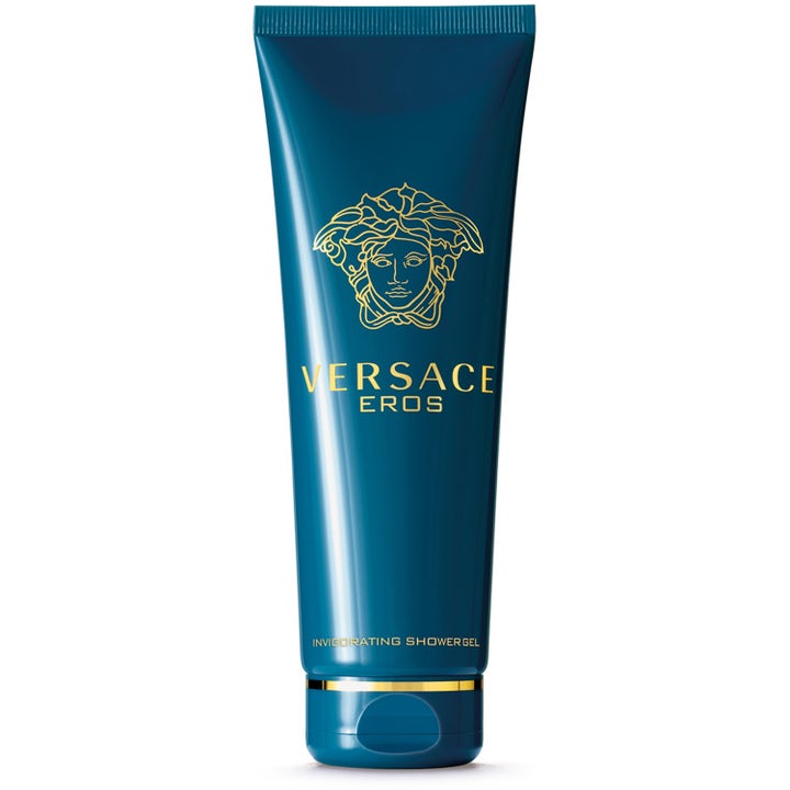 Versace Eros Invigorating Shower Gel uppiggande duschgel i en turkosblå tub med guldlogotyp och detaljer