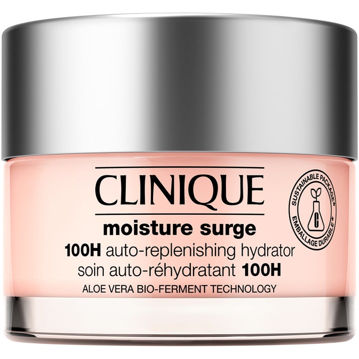 Clinique Moisture Surge 100H fuktgivande kräm är en aloe vera oljefri ansiktskräm i glasburk med silverlock och rosa gel.