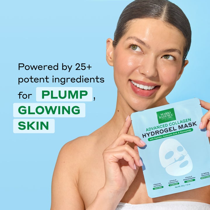 Mario Badescu Advanced Collagen Hydrogel Sheet Mask 3-pack ansiktsmask med peptider ger lyster på en kvinna med strålande hy.
