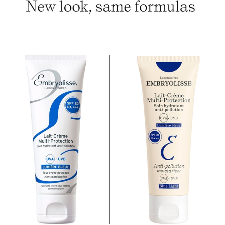 Embryolisse Lait-Crème Multi-Protection 40 ml anti-pollution dagkräm med solskydd visar gammal och ny tubdesign.