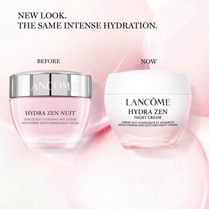 Lancôme återfuktande nattkräm Hydra Zen 50 ml visar ny design med vitt lock bredvid tidigare burk med silverlock.