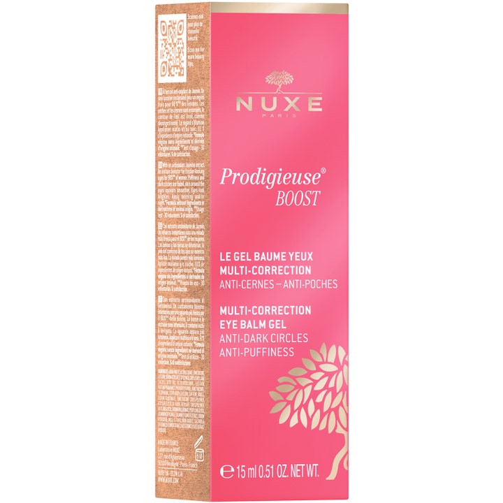 Nuxe Créme Prodigieuse Boost 15 ml anti-aging ögongel mot mörka ringar i rosa ytterförpackning med guldtext