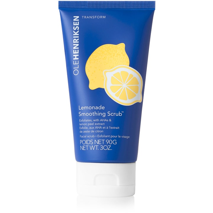 Ole Henriksen Lemonade Smoothing Scrub 90g exfolierande ansiktsskrubb i blå tub med citronillustration och vitt lock