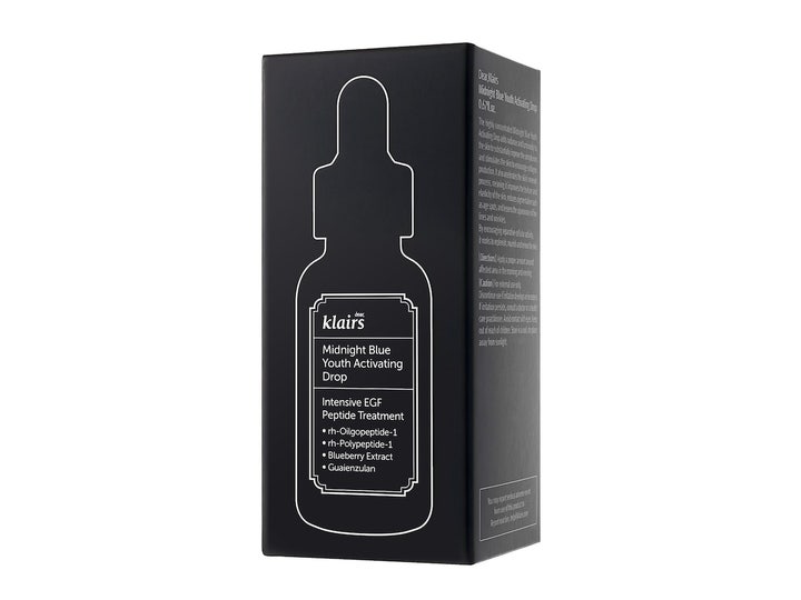 Klairs Midnight Blue Youth Activating Drop 20 ml anti aging serum i svart pappersförpackning med EGF peptider