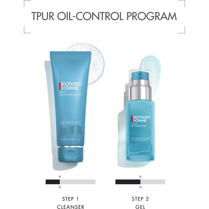 Biotherm Homme T-Pur Cleanser 125 ml mattande ansiktsrengöring för fet hud män i blå tub bredvid lotion och gel