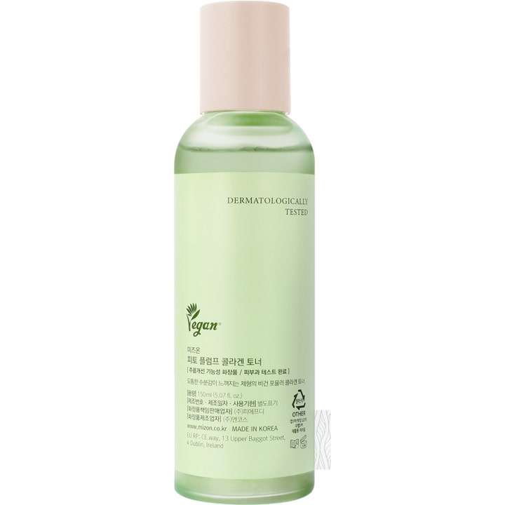 Mizon Phyto Plump Collagen Toner 150 ml återfuktande ansiktsvatten i grön flaska med rosa kork och Vegan märkning