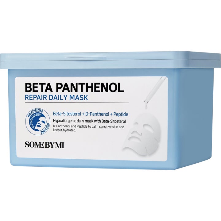 Some By Mi Beta Panthenol Repair Daily Mask reparerande ansiktsmasker med pantenol i en ljusblå plastbox