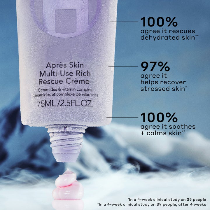 Ole Henriksen Strength Aprés-Skin 75 ml återfuktande ansiktskräm i lila tub som trycker ut rosa kräm mot snöiga berg.