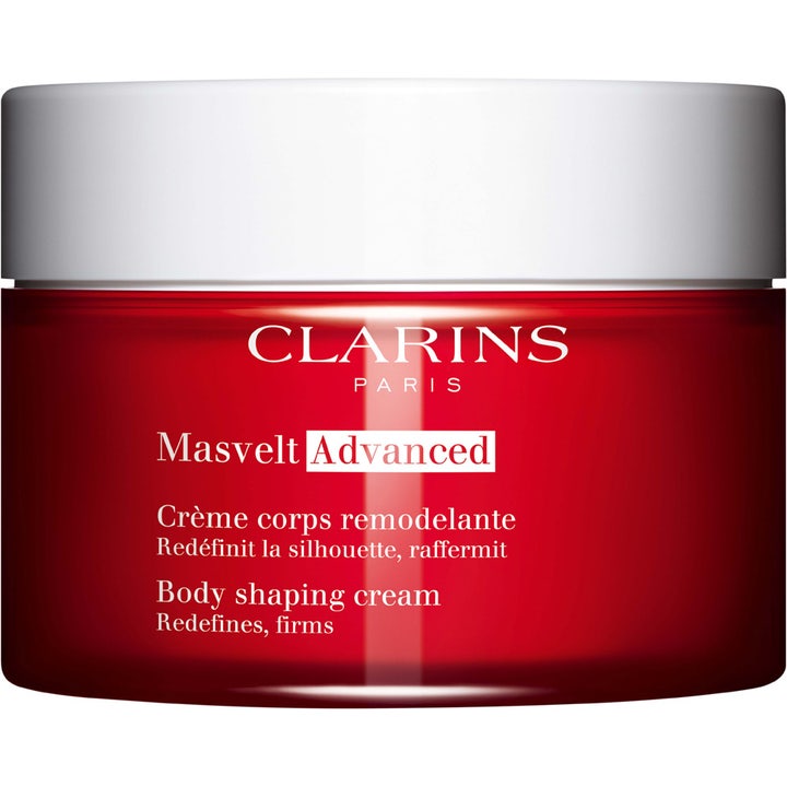 Clarins Masvelt Advanced uppstramande kräm för kroppen som ger definierad kroppsform i röd burk med vitt lock