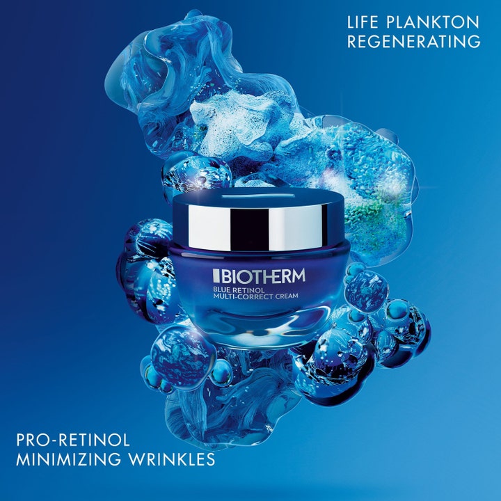 Biotherm Blue Pro-Retinol 50 ml fuktgivande retinol kräm i blå glasburk omgiven av blå vattenbubblor