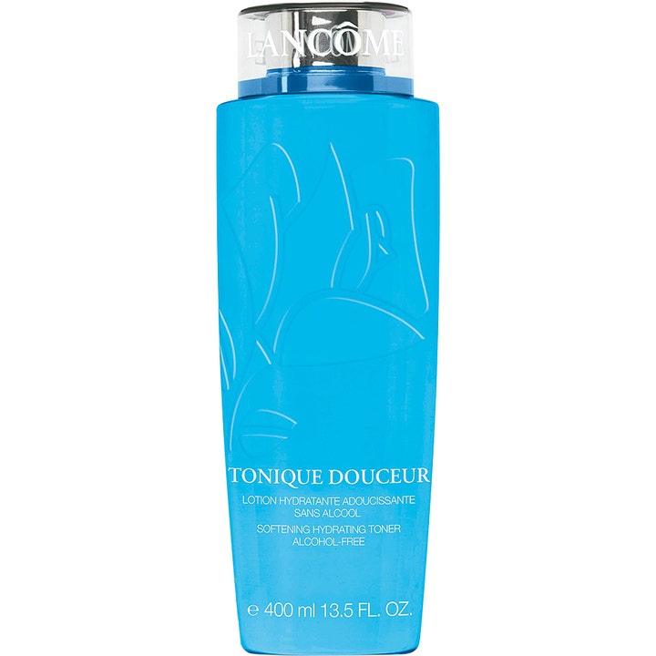 Lancôme Tonique Douceur 400 ml återfuktande ansiktsvatten i en klarblå flaska med elegant rosrelief och silverlock