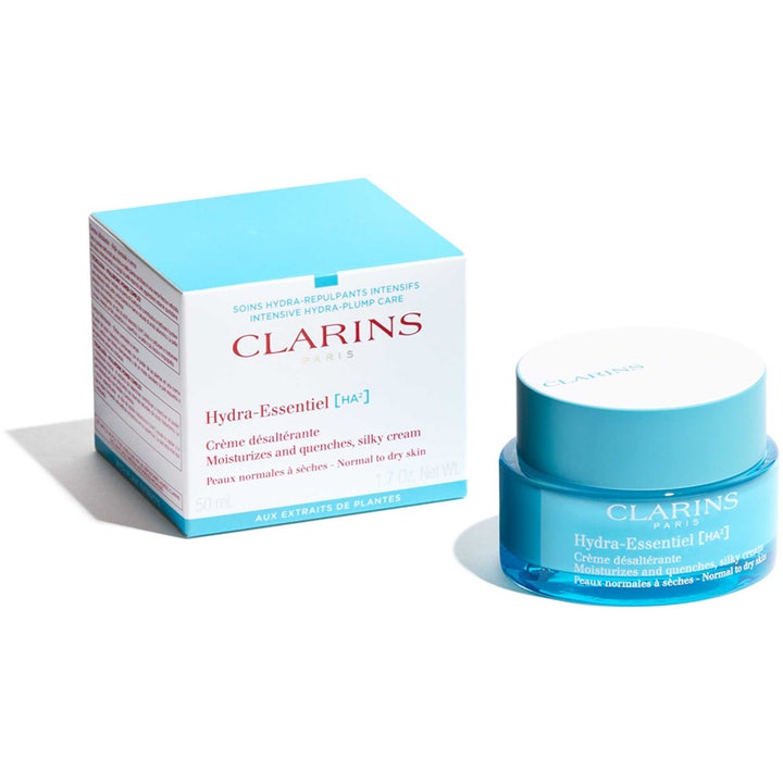 Clarins Hydra Essentiel Silky Cream 50 ml återfuktande ansiktskräm i blå glasburk bredvid ljusblå ytterförpackning.