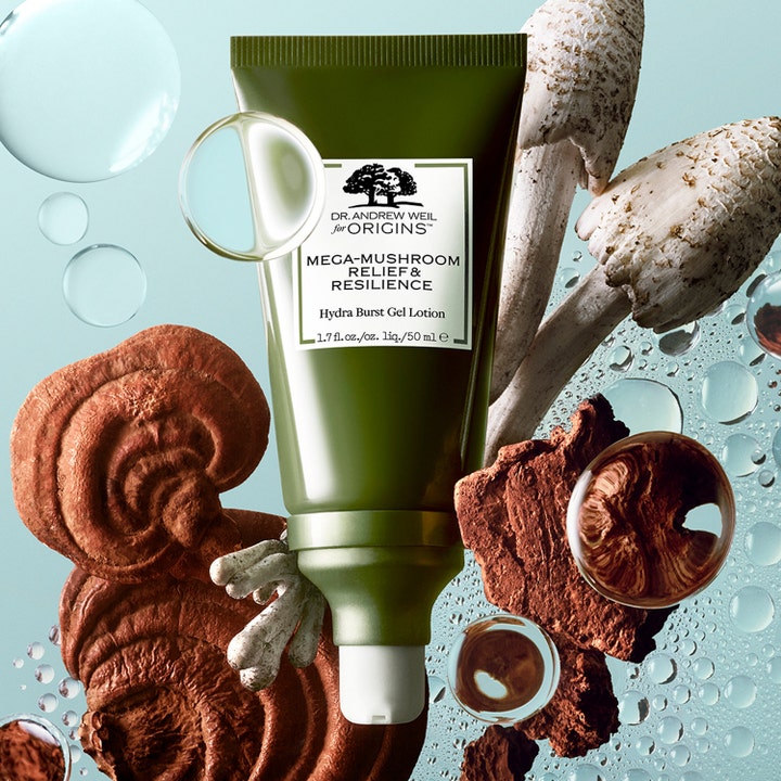 Origins Dr. Weil Mega-Mushroom 50 ml anti-stress återfuktande ansiktskräm i grön tub med reishi och vattenbubblor.
