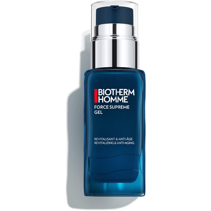 Biotherm Homme Force Supreme Gel biotherm homme anti-aging gel för mogen hud i en djupblå glasflaska med silverpump