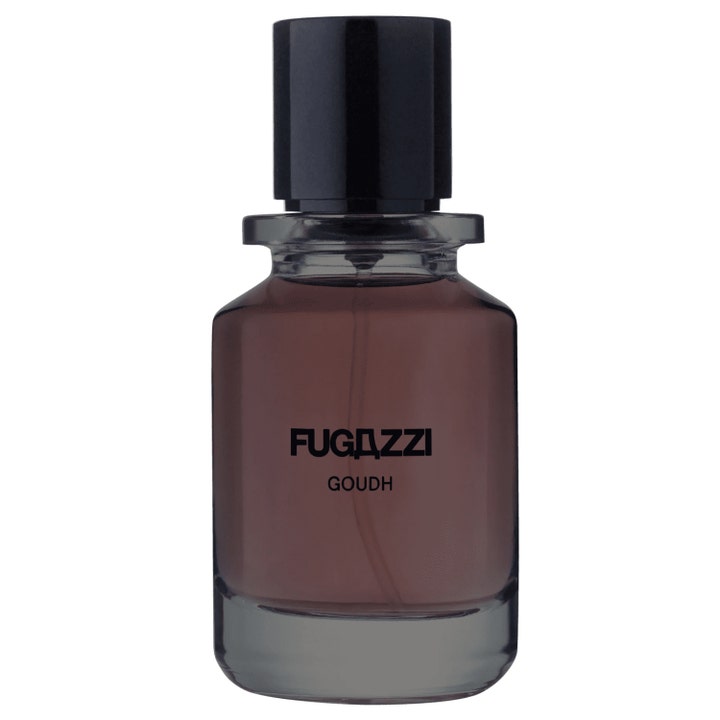 Fugazzi Goudh 50 ml parfym i en genomskinlig glasflaska med svart kork och mörk vätska med minimalistisk design