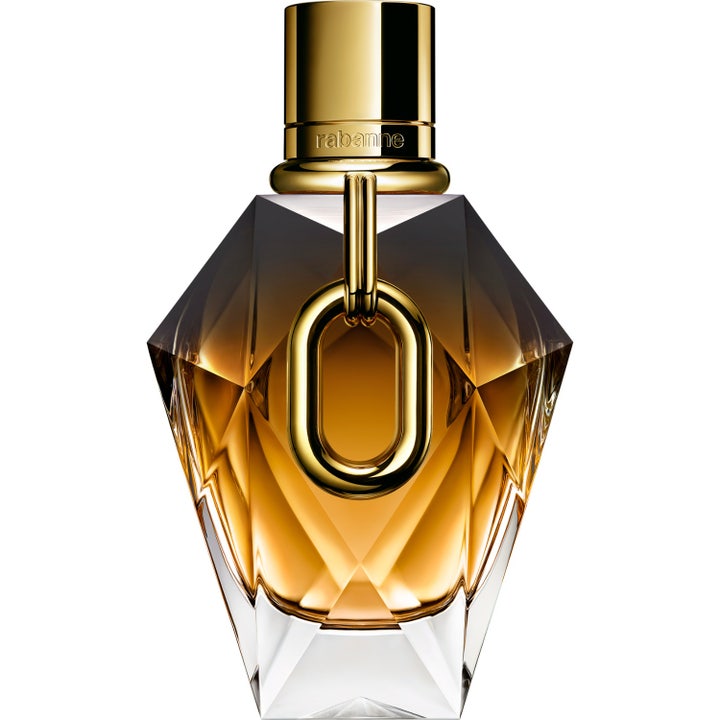 Rabanne Million Gold For Her Parfum 90ml i en facetterad glasflaska med guldfärgad vätska och dekorativ guldlänk