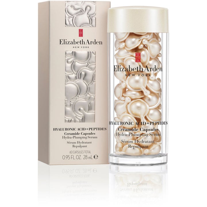 Elizabeth Arden Ceramide Capsules Hyaluronic Acid + Peptides 28 ml återfuktande serum i pärlvita kapslar och beige ask