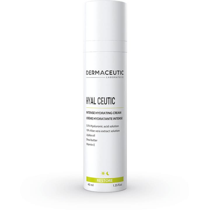 Dermaceutic Hyal Ceutic 40 ml ansiktskräm för intensiv återfuktning i en vit stilren pumpflaska.